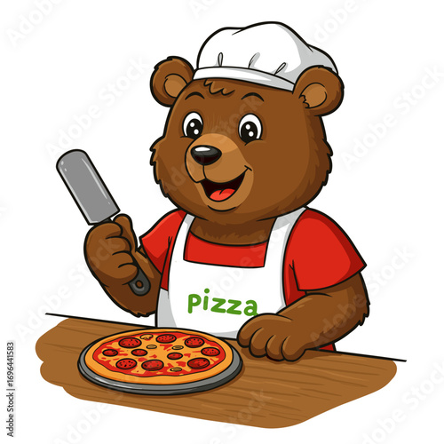 Cartoon bear chef slicing pizza with a cheerful expression in kitchen, for children's restaurants and pizza-related promotions