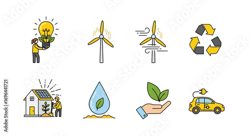 Eco-friendly technology and renewable resources icon set. A collection of colorful vector symbols for green living and sustainability
