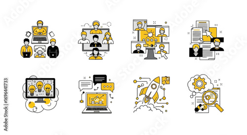 Thin line vector icon set for business development, technology innovation, and online communication, illustrating startup and analysis concepts