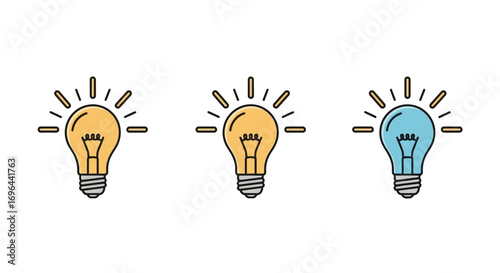 Creative thinking and innovation concept with a unique blue lightbulb standing out from the crowd, symbolizing a different idea or solution. Flat line vector icons
