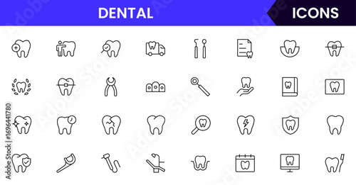 Dental vector web line icon collection, sleek illustrations of teeth, tools, and oral care for professional dental and health designs.