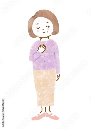 悲しい表情とポーズのシニア女性の手描きイラスト（全身）