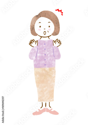 驚いている表情とポーズのシニア女性の手描きイラスト（全身）