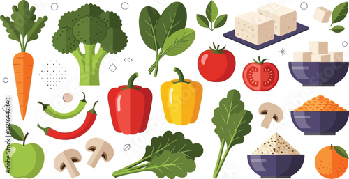 Vibrant assortment of fresh vegetables, fruits, and grains for healthy eating