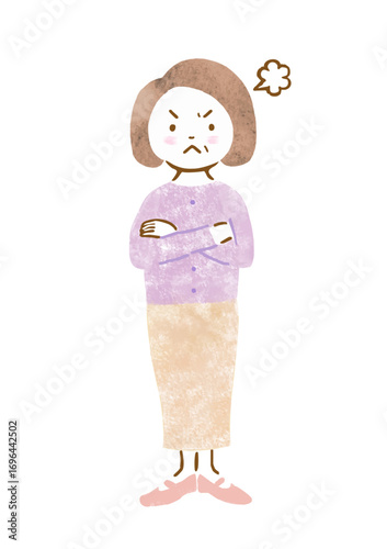怒っている表情とポーズのシニア女性の手描きイラスト（全身）