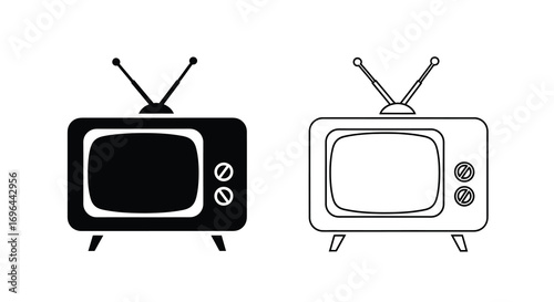 Retro television set silhouette and outline vector illustration icon