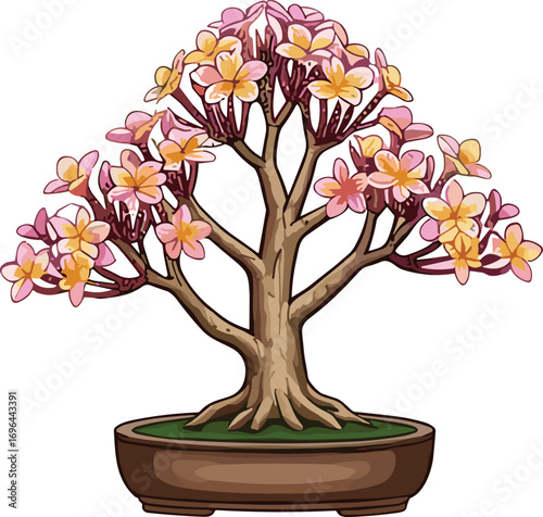 Bonsai tree illustration, vibrant pink and yellow flowers, decorative floral art, blooming miniature plant, stylized nature design, colorful botanical vector, serene garden concept