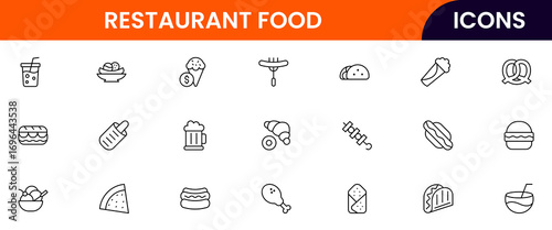 Fast Food vector web line icon collection, sleek illustrations of burgers, fries, drinks, and quick-service items for vibrant designs.