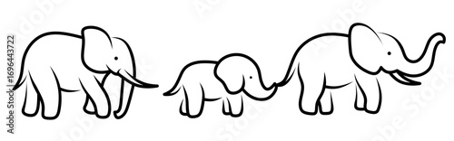 Canvas Print Linear illustration of a family of elephants: two adult elephants and a calf walking together