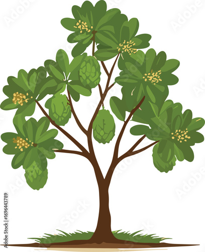 Tropical fruit tree with green leaves and clustered fruits, botanical illustration of exotic plant, lush foliage design for garden or nature projects