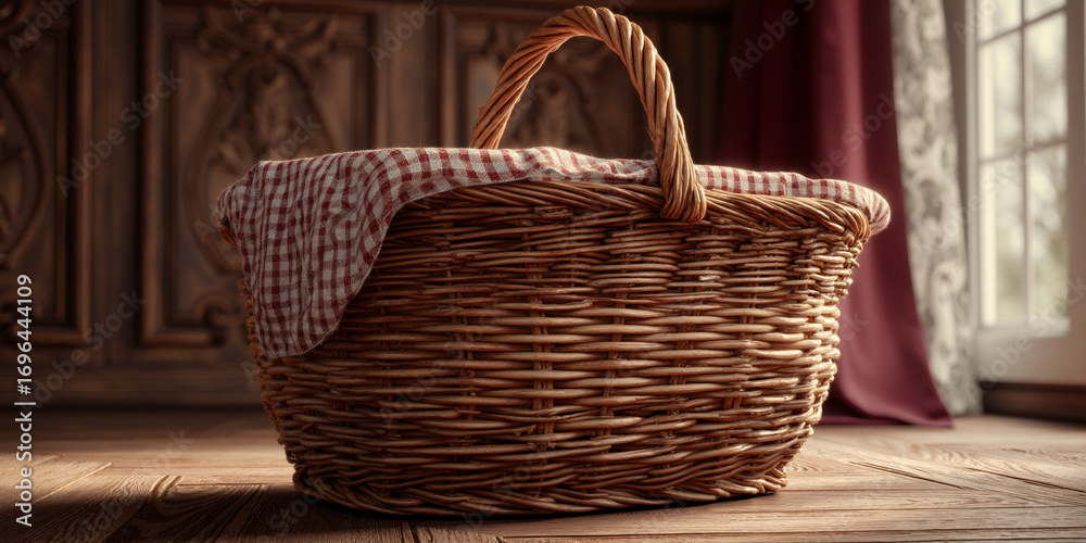 Fototapeta premium Wicker basket with checkered cloth indoors - AI generated