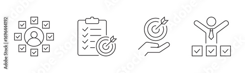 done. goals. progress icons. icons. This icon set shows tasks, teamwork, and progress tracking. The simple line style makes it perfect for business and productivity use.