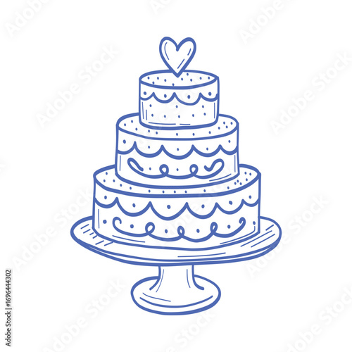 A blue cake with a heart on top of it. The cake is three layers and is sitting on a blue plate