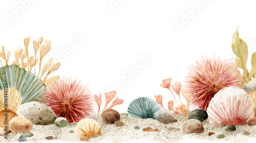 Fototapeta Naklejka Na Ścianę i Meble -  Watercolor seabed scene with coral reefs and colorful fish, transparent background