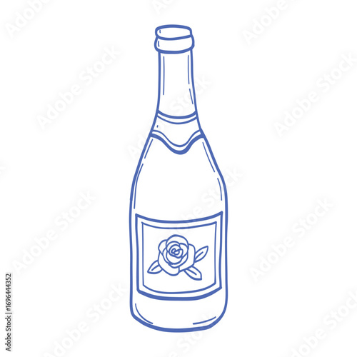 A bottle of champagne with a rose on the label. The bottle is blue and white.