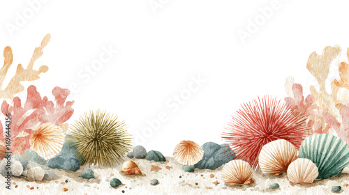 Fototapeta Naklejka Na Ścianę i Meble -  Watercolor seabed scene with coral reefs and colorful fish, transparent background