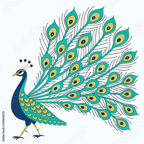 Peacock with fanned tail feathers