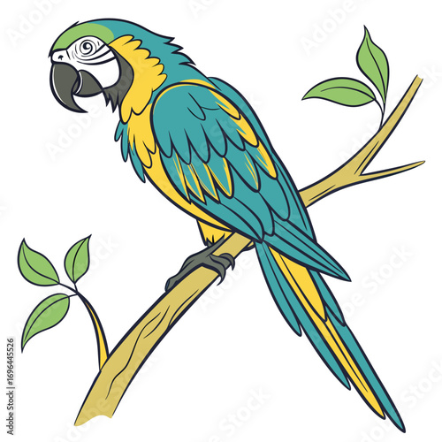 Blue and yellow macaw parrot perched on a branch