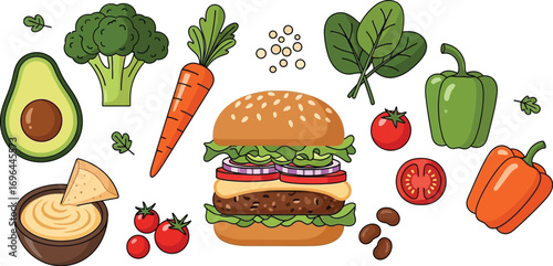 Delicious and colorful vegetarian burger surrounded by fresh vegetables and dip