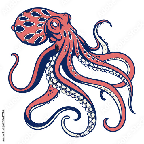 Stylized illustration of a pink octopus with blue accents