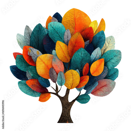 Whimsical autumn tree drawing with multicolor fall leaves on transparent background