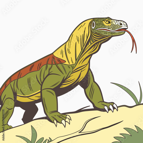 Komodo dragon reptile illustration with tongue out on a light background