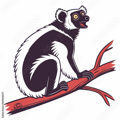 Wallpaper Mural A black and white lemur with yellow eyes sits on a red branch Torontodigital.ca