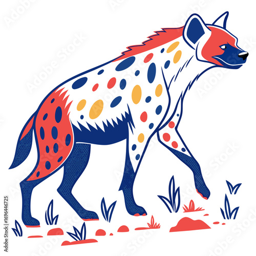 Stylized hyena with colorful spots walking in a dry landscape