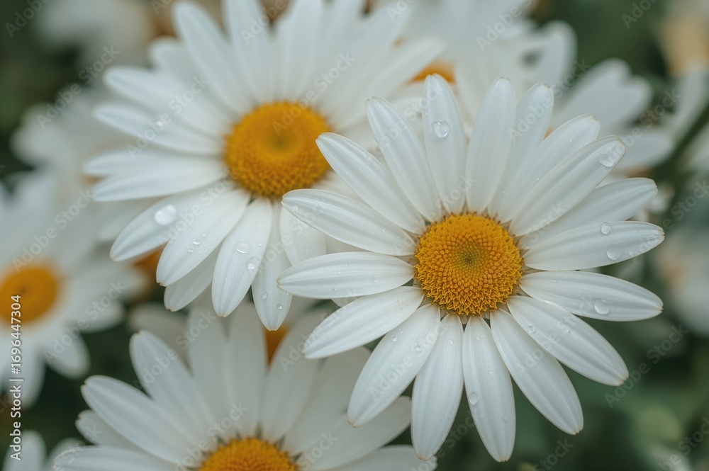 Fototapeta premium Detailed view of blooming wild daisies with water drops on white petals