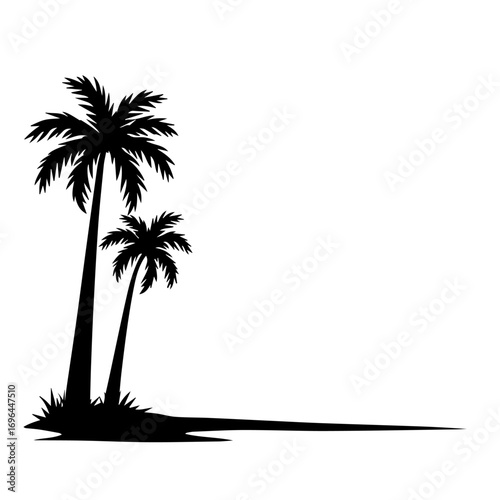 silhouette of a tropical island with palms, palm, tree, beach, tropical, vector, summer, island, silhouette, sea, illustration, sun, nature, landscape, coconut, travel, sunset, ocean, paradise, leaf, 