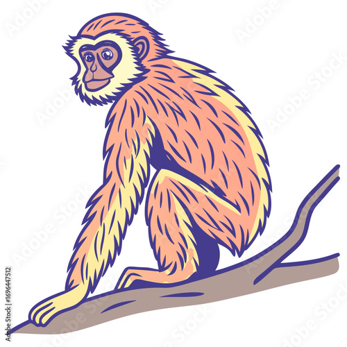 A cartoon gibbon monkey sitting on a tree branch