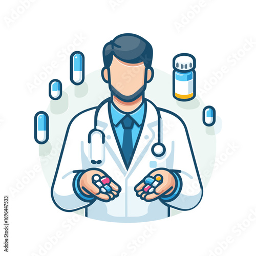 Doctor holding pills with medicine bottles in background