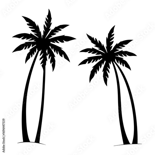 silhouette of a tropical island with palms, palm, tree, beach, tropical, vector, summer, island, silhouette, sea, illustration, sun, nature, landscape, coconut, travel, sunset, ocean, paradise, leaf, 