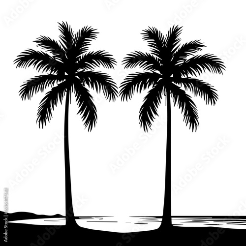 silhouette of a tropical island with palms, palm, tree, beach, tropical, vector, summer, island, silhouette, sea, illustration, sun, nature, landscape, coconut, travel, sunset, ocean, paradise, leaf, 