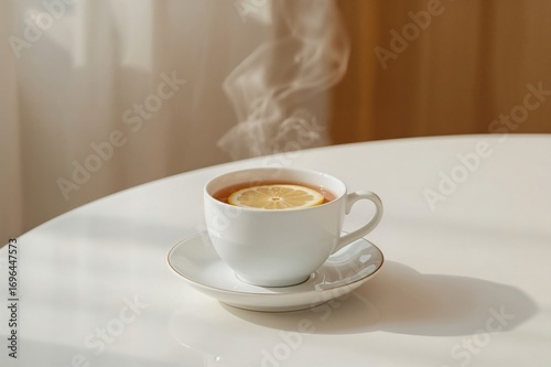 Steaming lemon tea served i...