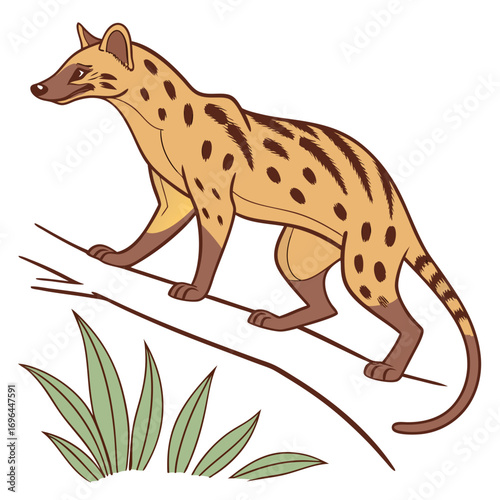 A spotted genet cat standing on a branch with green leaves