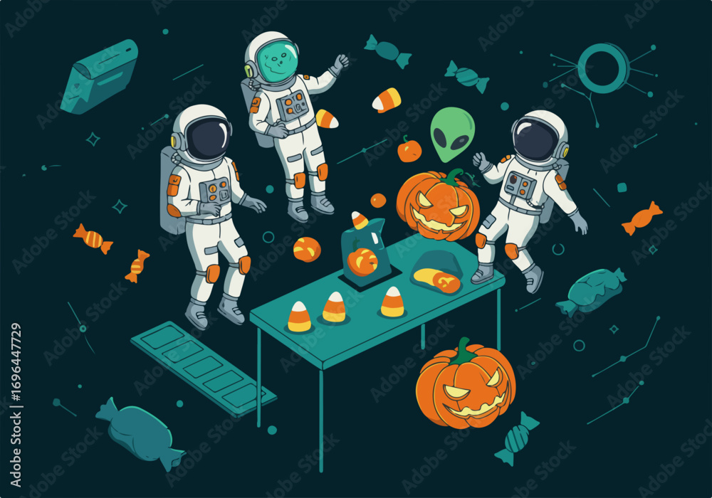 Naklejka premium Inclusive Halloween Space Adventure Astronauts Celebrate with Candy and Jack-o'-Lanterns in a Fun, Interstellar Setting