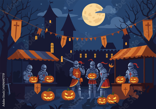 An inclusive Halloween festivity within a medieval castle armored knights decorate carved pumpkins at a spooky night market under a full moon
