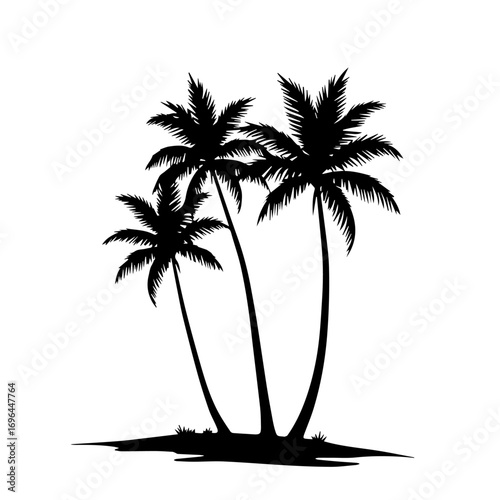 silhouette of a tropical island with palms, palm, tree, beach, tropical, vector, summer, island, silhouette, sea, illustration, sun, nature, landscape, coconut, travel, sunset, ocean, paradise, leaf, 