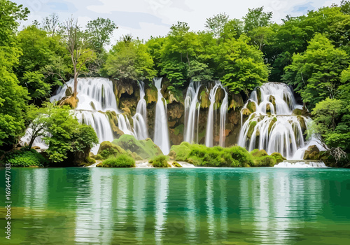 Vector art of lush green forest surrounds a cascading waterfall flowing into a clear turquoise lake with reflections