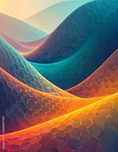 Abstract landscape with textured, layered hills in vibrant colors