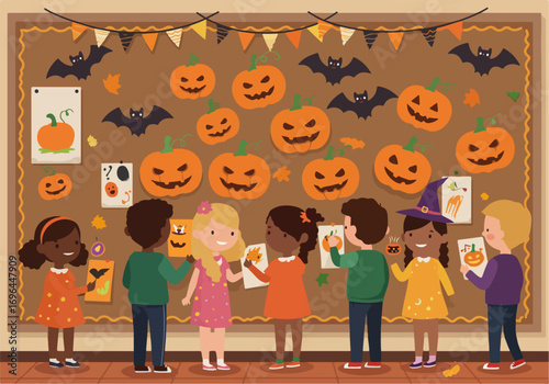 Inclusive Halloween Festive Classroom Scene with Children Celebrating Diversity and the Spirit of the Season