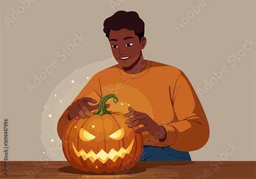 A joyful man of color participating in the festive tradition of pumpkin carving for an inclusive and happy halloween celebration at home
