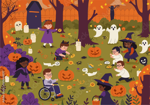 An inclusive Halloween celebration with a diverse group of children in costumes playing together in a festive, autumnal park setting