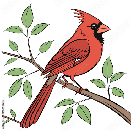 A bright red cardinal perched on a tree branch with green leaves