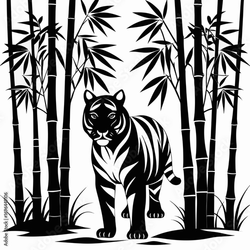Tiger Walking Bamboo Forest Silhouette Vector