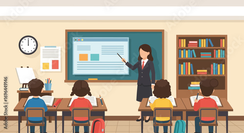 Cartoon illustration of a teacher instructing students in a classroom with desks, a blackboard, and a bookshelf.