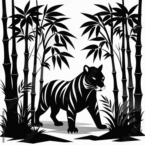 Tiger Walking Bamboo Forest Silhouette Vector