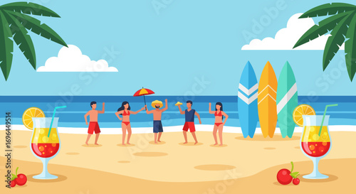 People enjoying a sunny day at the beach with surfboards and drinks under palm trees.