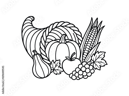 vector line illustration cornucopia isolated on white background